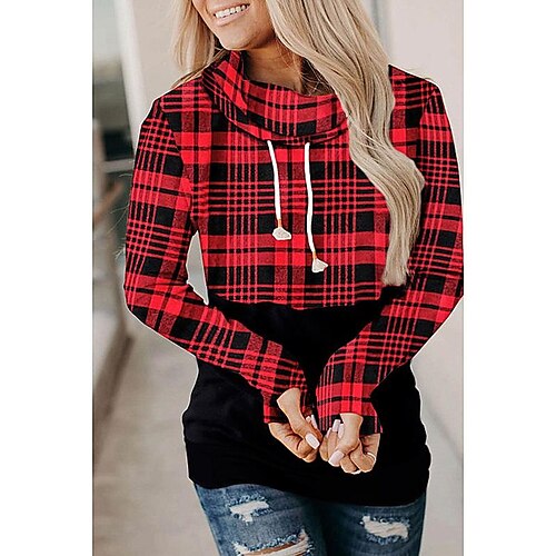 

Women's Hoodie Sweatshirt Pullover Basic Red Plaid Street Hoodie Long Sleeve S M L XL 2XL