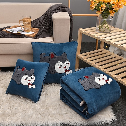

Solid Milk Velvet Dog Embroidery 2 In 1 Cushion Pillow Portable Foldable Throw Pillows With Zipper Sofa Car Office Nap Blanket Quilt Bedding Home Decor
