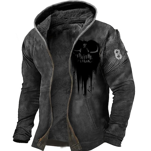 

Men's Fleece Jacket Full Zip Hoodie Fleece Hoodie Sherpa Jacket Distressed Hoodie Dark Gray Hooded Skull Graphic Prints Zipper Print Sports Outdoor Daily Sports 3D Print Fleece Streetwear Designer