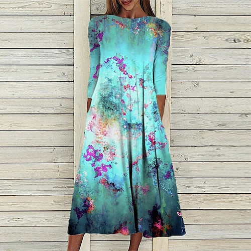 

Women's Casual Dress Shift Dress Midi Dress Green Blue Light Blue 3/4 Length Sleeve Floral Ruched Winter Fall Autumn 2022 S M L XL XXL 3XL