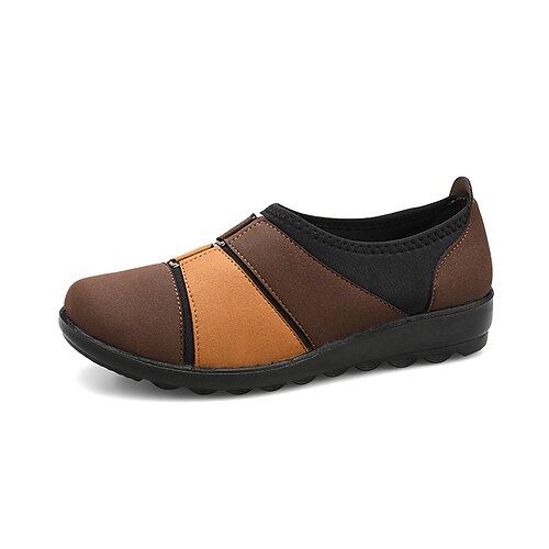 

Women's Slip-Ons Daily Flat Heel Round Toe Casual Minimalism Walking Shoes PU Leather Loafer Color Block Red Coffee