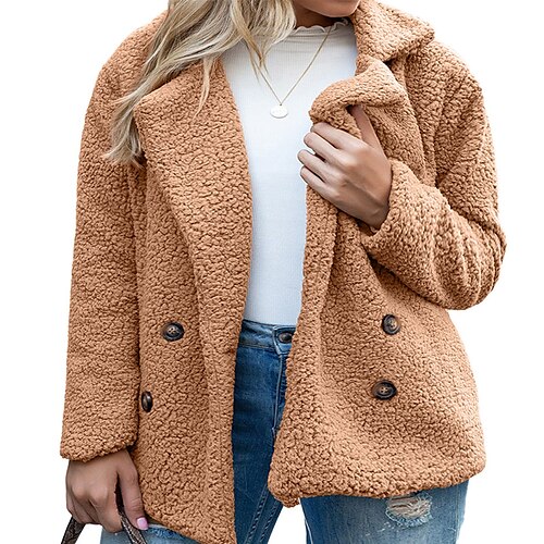 

Women's Plus Size Teddy Coat Button Pocket Plain Outdoor Causal Long Sleeve Rolled collar Regular Winter Fall Black Light Brown Dark Blue L XL XXL 3XL 4XL
