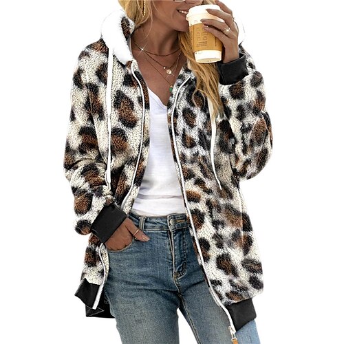 

Women's Sherpa jacket Fleece Jacket Teddy Coat Warm Breathable Outdoor Daily Wear Vacation Going out Print Zipper Hoodie Active Modern Comfortable Street Style Leopard Regular Fit Outerwear Long