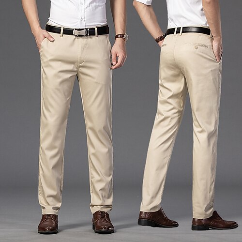 

Men's Dress Pants Trousers Pocket Straight Leg Solid Color Comfort Breathable Business Casual Daily Cotton Blend Retro Vintage Formal Dark Khaki Light Green Stretchy