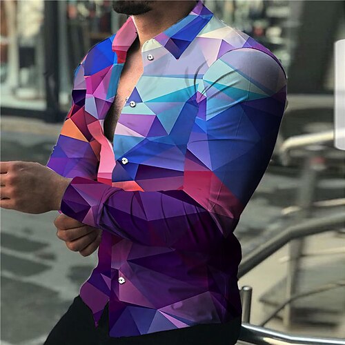 

Men's Shirt Abstract Geometry Turndown Rainbow Gray 3D Print Outdoor Street Long Sleeve Button-Down Print Clothing Apparel Fashion Designer Casual Breathable