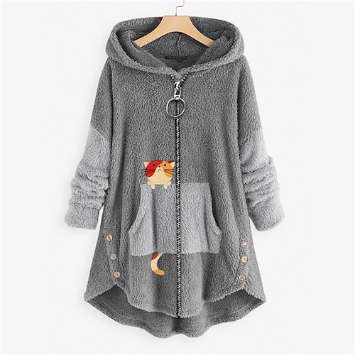 

Women's Plus Size Teddy Coat Winter Coat Pocket Animal Cat Outdoor Causal Long Sleeve Hooded Regular Winter Fall Green Pink Dark Gray XL XXL 3XL 4XL 5XL