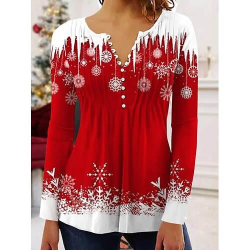 

Women's Shirt Black Blue Wine Color Block Snowflake Button Print Long Sleeve Christmas Weekend Streetwear Casual Round Neck Long S