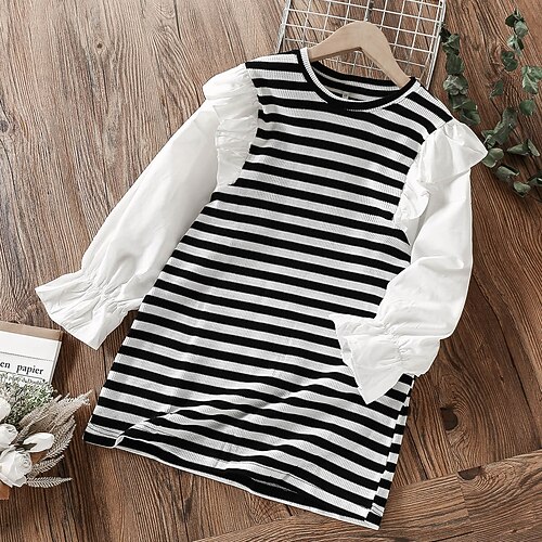 

Kids Little Girls' Dress Stripe Casual Dress School Casual Patchwork Black Knee-length Long Sleeve Daily Casual Dresses Back to School Spring Summer Loose Fit 3-12 Years