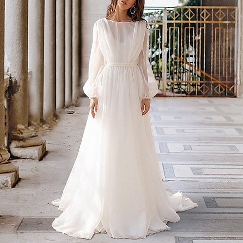 

A-Line Wedding Dresses Jewel Neck Court Train Chiffon Long Sleeve Simple Casual Beach Illusion Sleeve with Pleats 2022