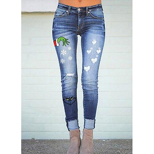 

Women's Jeans Distressed Jeans Denim Blue Fashion Christmas Christmas Street Casual Cut Out Ripped Micro-elastic Full Length Comfort Graphic S M L XL XXL / Print