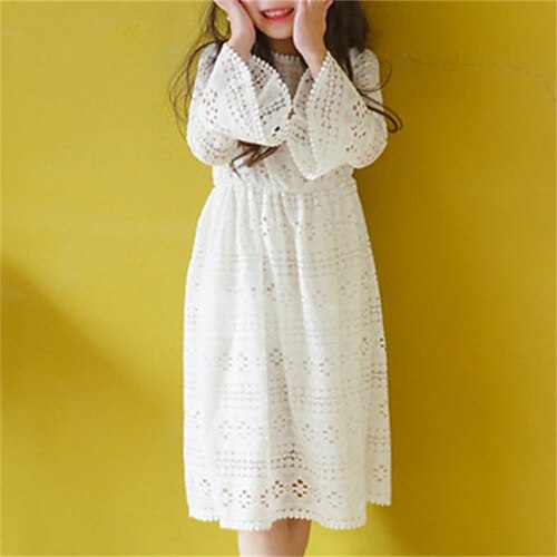 

Wedding Party A-Line Flower Girl Dresses Jewel Neck Knee Length Cotton with Lace Embroidery Boho Cute Girls' Party Dress Fit 3-16 Years