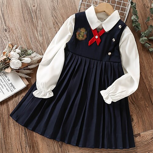 

Kids Girls' Dress Suits 2 Pieces Long Sleeve Navy Blue Solid Color Ruched School Cute Daily Tunic Knee-length 7-13 Years