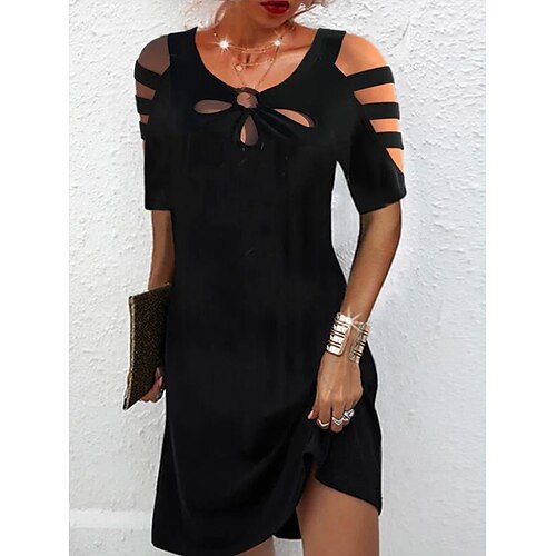 

Women's Casual Dress Mini Dress Black Short Sleeve Pure Color Cold Shoulder Fall Crew Neck Party 2022 S M L XL XXL 3XL