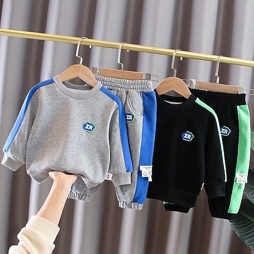 

2 Pieces Kids Boys Tracksuits Outfit Color Block Letter Long Sleeve Cotton Set Daily Winter Fall 3-7 Years Black Gray