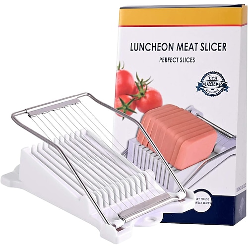 

Slicer for Cutting Spam Ham Luncheon Meat Boiled Eggs Cucumber Strawberry Bananas Made by ABS and Stainless Steel Wire White Color Box Packaging