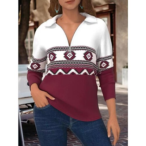 

Women's Sweatshirt Vintage Ethnic Zipper Red Geometric Plaid Tribal Home V Neck Long Sleeve S M L XL 2XL 3XL