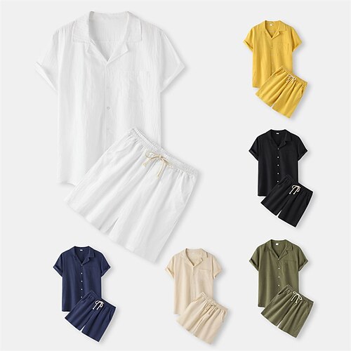 

Men's Shirt Suits Summer Hawaiian Shirt Solid Colored Turndown Green Yellow Khaki Navy Blue White Outdoor Daily Short Sleeve Button-Down Clothing Apparel 2pcs Streetwear Designer Simple Casual