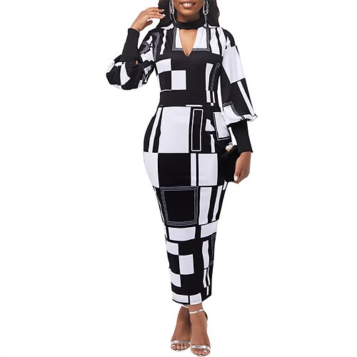 

Women's Sheath Dress Long Dress Maxi Dress Black And White Long Sleeve Geometric Split Winter Fall Autumn V Neck Winter Dress Weekend Fall Dress 2022 S M L XL 2XL