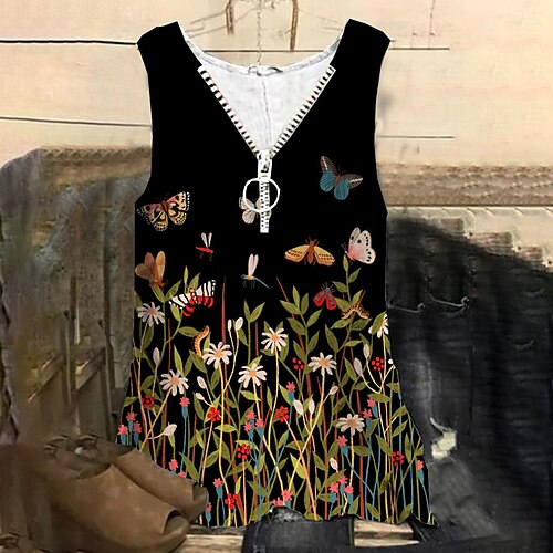 

Women's Plus Size Tops Tank Top Animal Floral Zipper Print Sleeveless V Neck Streetwear Daily Holiday Cotton Spandex Jersey Spring Summer Black / Butterfly