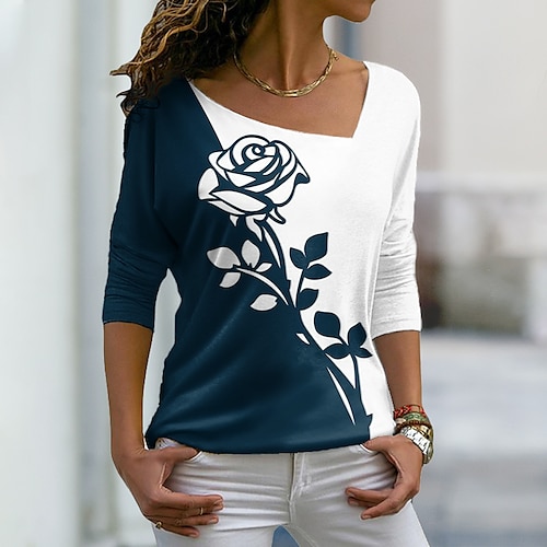 

Women's T shirt Tee Green Blue Purple Floral Color Block Print Long Sleeve Holiday Weekend Basic V Neck Regular Floral Painting S