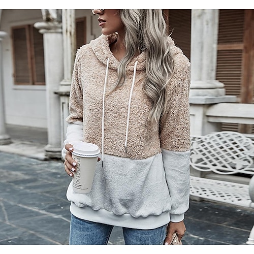 

Women's Hoodie Sweatshirt Pullover Sherpa Fleece Teddy Khaki Color Block Street Hoodie Long Sleeve Fleece S M L XL