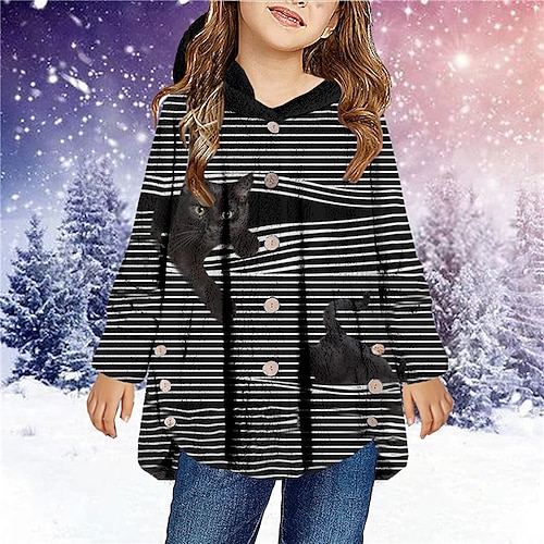 

Kids Girls' Cat Fleece Jacket Long Sleeve White Black Animal Cat Button Winter Fall Cute Casual 2-12 Years