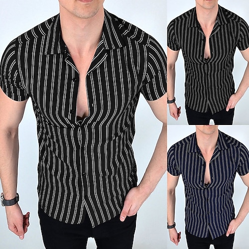 

Men's Shirt Striped Turndown Navy Blue Black Daily Holiday Short Sleeve Button-Down Clothing Apparel Simple Casual Comfortable / Summer