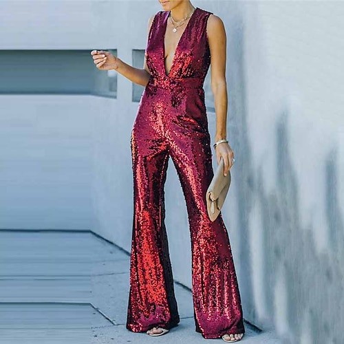 

Women's Jumpsuit High Waist Sequin Solid Color Deep V Formal Party Going out Regular Fit Sleeveless Red S M L Winter