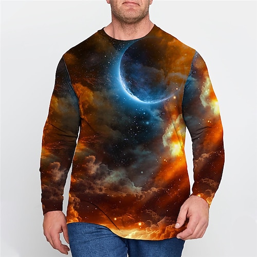 

Men's Plus Size T shirt Tee Big and Tall Galaxy Crew Neck Long Sleeve Spring & Fall Basic Sports Designer Breathable Outdoor Street Tops