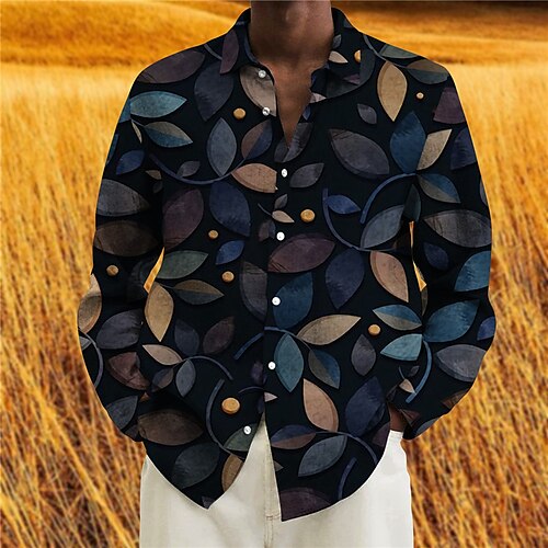 

Men's Shirt Leaves Turndown Black 3D Print Outdoor Street Long Sleeve Button-Down Print Clothing Apparel Fashion Designer Casual Breathable