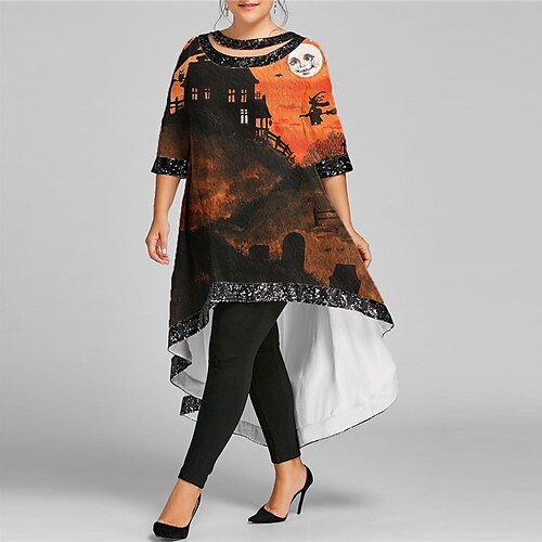 

Women's Plus Size Casual Dress Graphic Boat Neck Half Sleeve Fall Winter Vintage Casual Maxi long Dress Halloween Vacation Dress