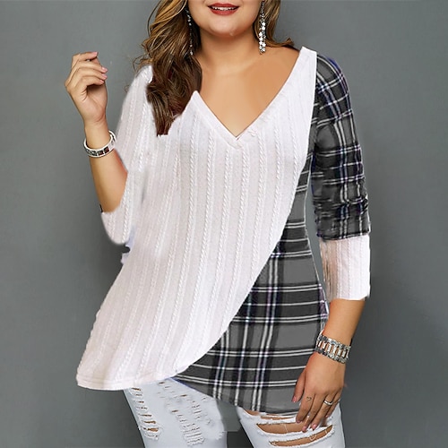 

Women's Plus Size Christmas Tops T shirt Tee Plaid Patchwork Long Sleeve V Neck Casual Daily Going out Polyester Winter Fall Blue Yellow