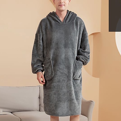

Men's Pajamas Nightgown Wearable Blanket Hoodie Blanket Pure Color Fashion Simple Plush Home Polyester Warm Breathable Hoodie Long Robe Pocket Hoodie Winter Wine Navy Blue / Flannel