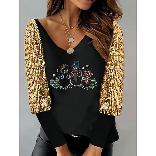 

Women's Shirt Christmas tree Elk snowman Deer Snowman Sequins Print Long Sleeve Christmas Casual Basic Round Neck Regular S