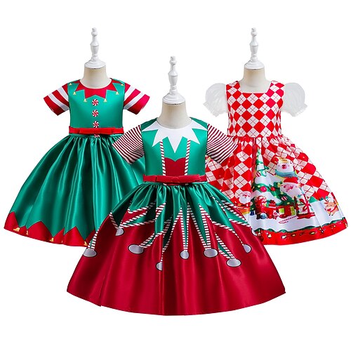 

Toddler Girls' Ugly Christmas Dress Santa Claus Party Dress Knee-length Dress Performance Short Sleeve Fashion Dress 3-7 Years Fall Green Wine Dark Green