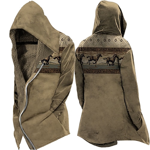

Men's Jacket Fleece Lining With Pockets Daily Wear Vacation Going out Zipper Hoodie Ethnic Casual Comfort Jacket Outerwear Horse Graphic Prints Front Pocket Fleece Print khaki