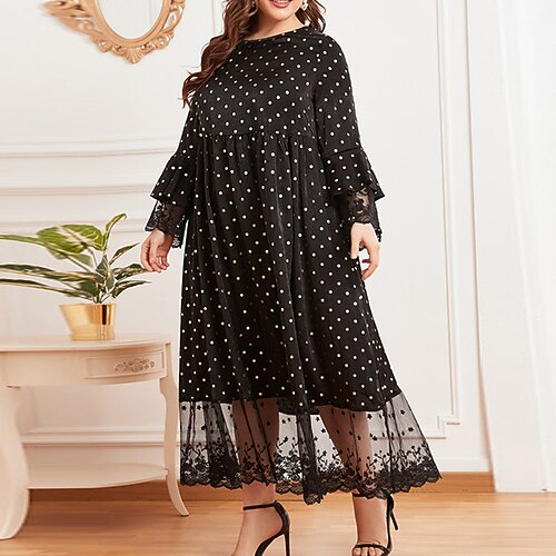 

Women's Plus Size A Line Dress Polka Dot Crew Neck Long Sleeve Winter Fall Stylish Elegant Maxi long Dress Daily Vacation Dress