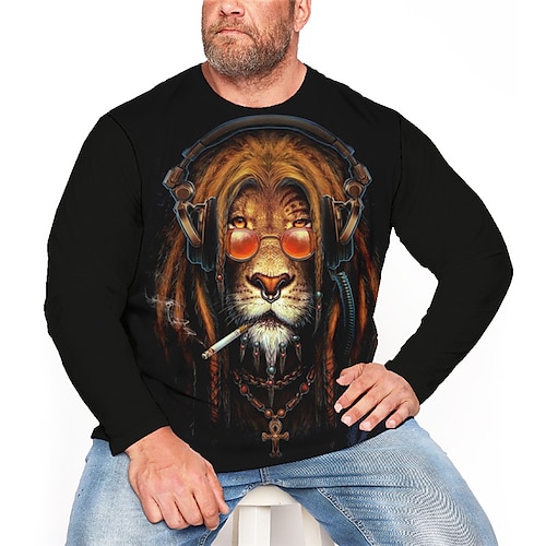 

Men's Plus Size T shirt Tee Big and Tall Lion Crew Neck Long Sleeve Spring Fall Sports Designer Basic Breathable Outdoor Street Tops