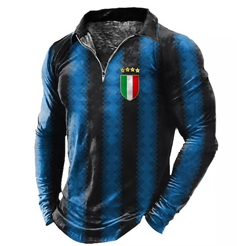 

Men's Golf Shirt Italy Striped Soccer Turndown Blue 3D Print Outdoor Sports Long Sleeve Zipper Print Clothing Apparel Fashion Designer Casual Breathable