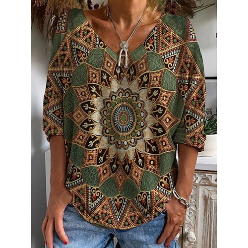 

Women's T shirt Tee Green Blue Beige Graphic Print Long Sleeve Holiday Ethnic Round Neck Regular S