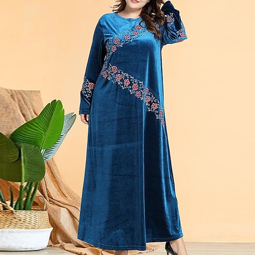 

Women's Plus Size Velvet Dress Floral Crew Neck Long Sleeve Winter Fall Stylish Elegant Maxi long Dress Daily Vacation Dress / Cotton
