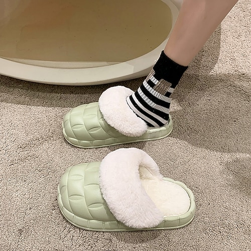 

Women's Slippers Home House Slippers Warm Slippers Memory Foam Slippers Winter Flat Heel Round Toe PU Leather Loafer Black Green Rosy Pink