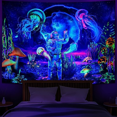 

Trippy Astronaut Blacklight UV Reactive Tapestry Psychedelic Jellyfish Dormitory Living Room Art Decoration Hanging Cloth