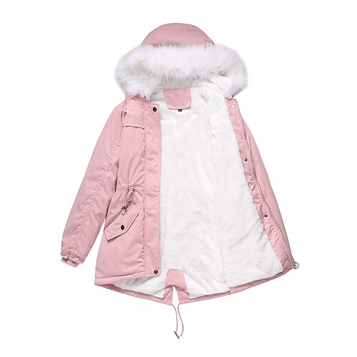 

Women's Winter Jacket Parka Warm Breathable Outdoor Daily Wear Vacation Going out Pocket Drawstring Fur Collar Fleece Lined Zipper Turndown Active Fashion Comfortable Street Style Solid Color Regular