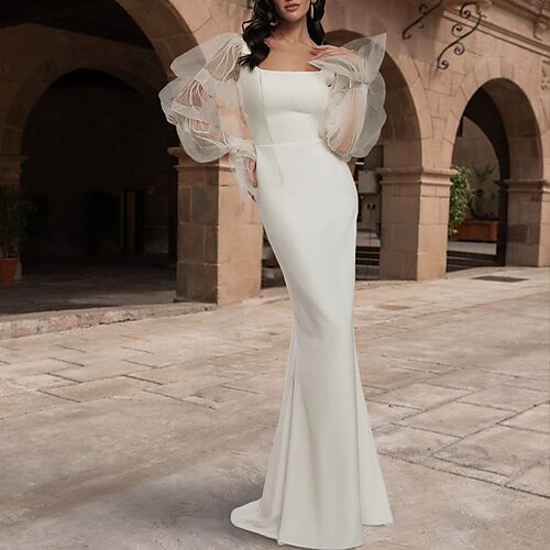 

Sheath / Column Wedding Dresses Square Neck Sweep / Brush Train Tulle Stretch Fabric Long Sleeve Formal Sexy Backless Illusion Sleeve with Solid Color 2022