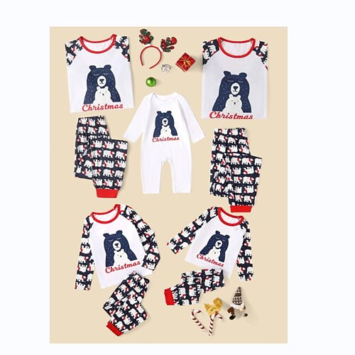 

Family Look Christmas Pajamas Letter Bear Home White Long Sleeve Basic Matching Outfits