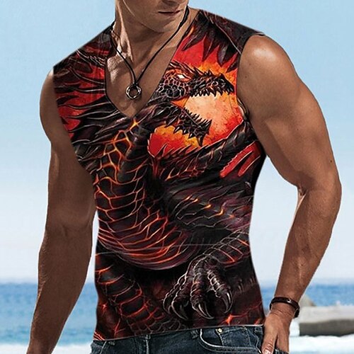 

Men's Undershirt Animal Dragon Graphic Prints V Neck Brown 3D Print Street Daily Sleeveless Print Clothing Apparel Basic Casual Classic Big and Tall / Summer
