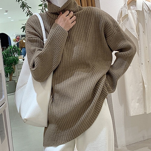 

Women's Pullover Sweater jumper Jumper Ribbed Knit Knitted Pure Color Turtleneck Stylish Casual Outdoor Daily Winter Fall Green Black One-Size / Long Sleeve