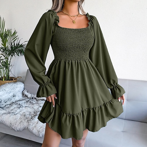 

Mujer Vestido informal Vestido de Columpio Mini vestido Verde Trébol Caqui Manga Larga Color puro Volante Invierno Otoño Escote Cuadrado Delgado 2022 S M L XL XXL 3XL