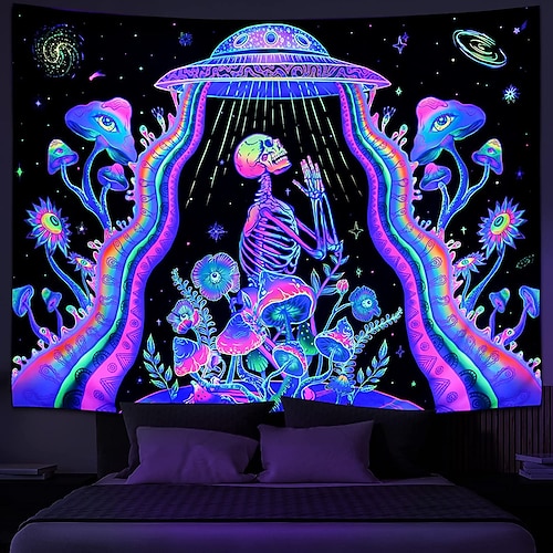 

Alien Skull Blacklight UV Reactive Tapestry Trippy Psychedelic Dormitory Living Room Art Decoration Hanging Cloth